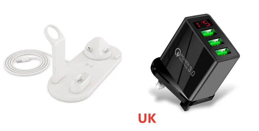 4 in 1 wireless charger stand for iPhone Samsung iWatch AirPods in black silicone material with 360 degree rotating dock