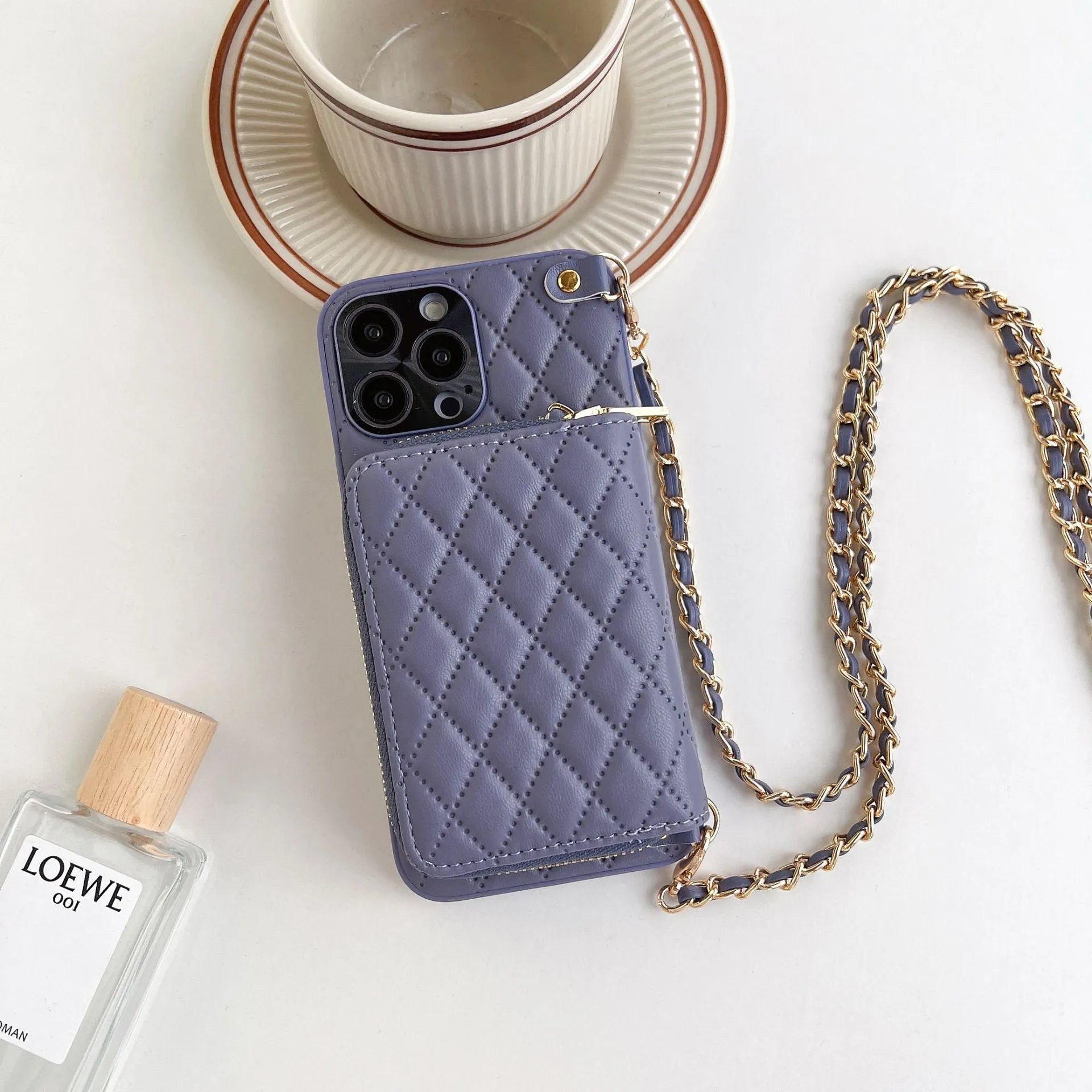 Lambskin phone case with rhombic pattern, card holder, and chain in white for Apple iPhone