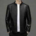 Men's genuine sheepskin leather jacket in black with fleece polyester lining, front view