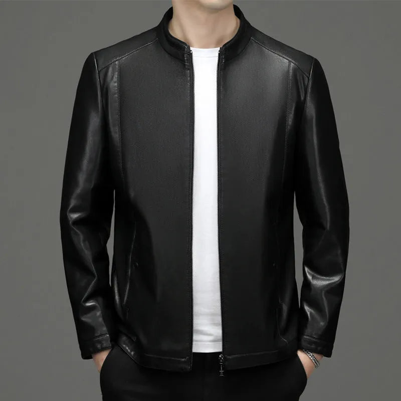 Men's genuine sheepskin leather jacket in black with fleece polyester lining, front view