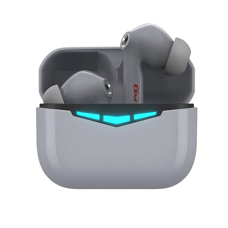 True wireless gaming headset in charging case with multiple coloured silicone ear tips.