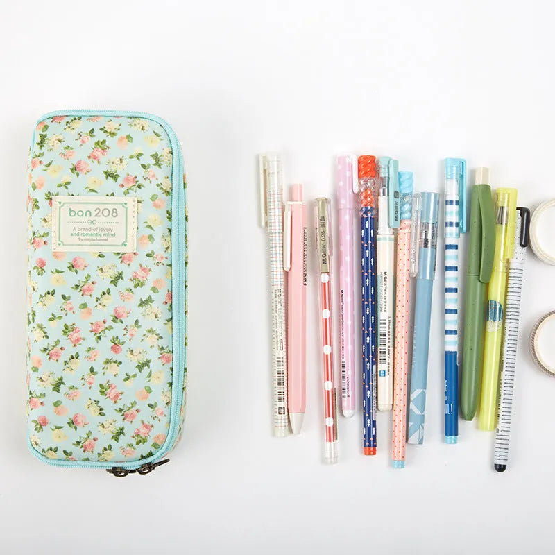 Canvas composite stationery pen storage bag 190x80x40mm in dark cyan pink yellow floral design