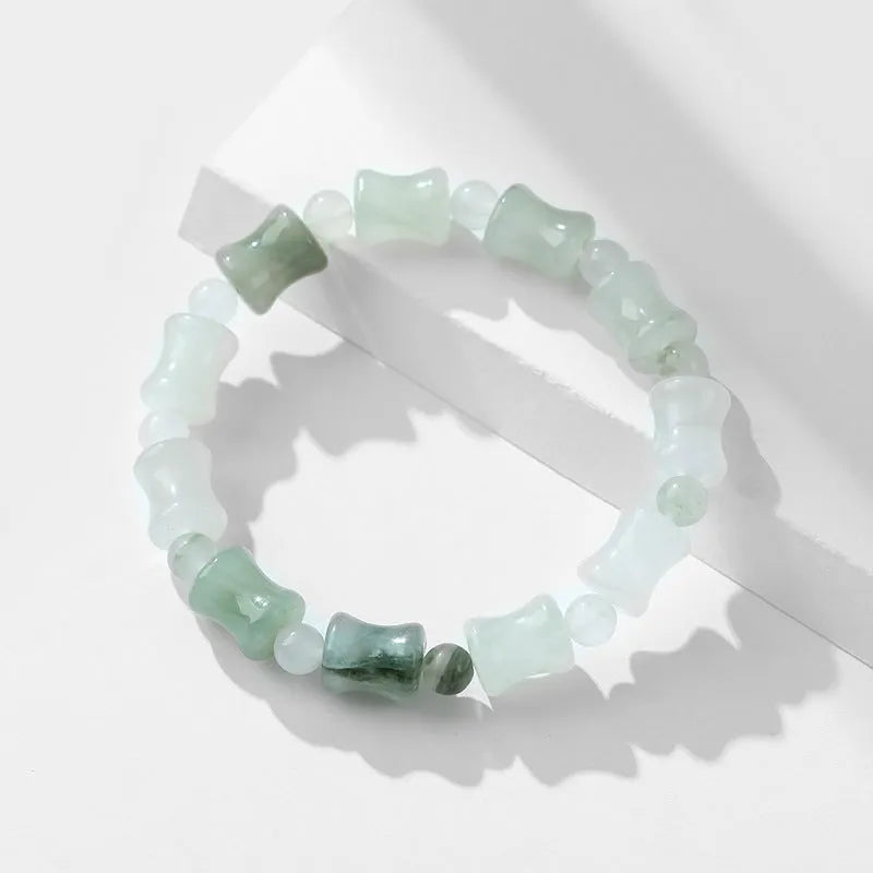 Tianshan Emerald natural chalcedony beaded bracelet with diamond-shaped jade stones and coconut shell beads on elastic string