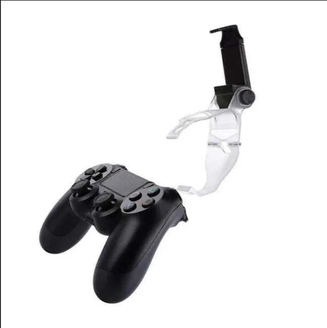 Black PS4 controller phone clip attached to a DualShock 4 with OTG cable for connecting to an Android mobile phone.