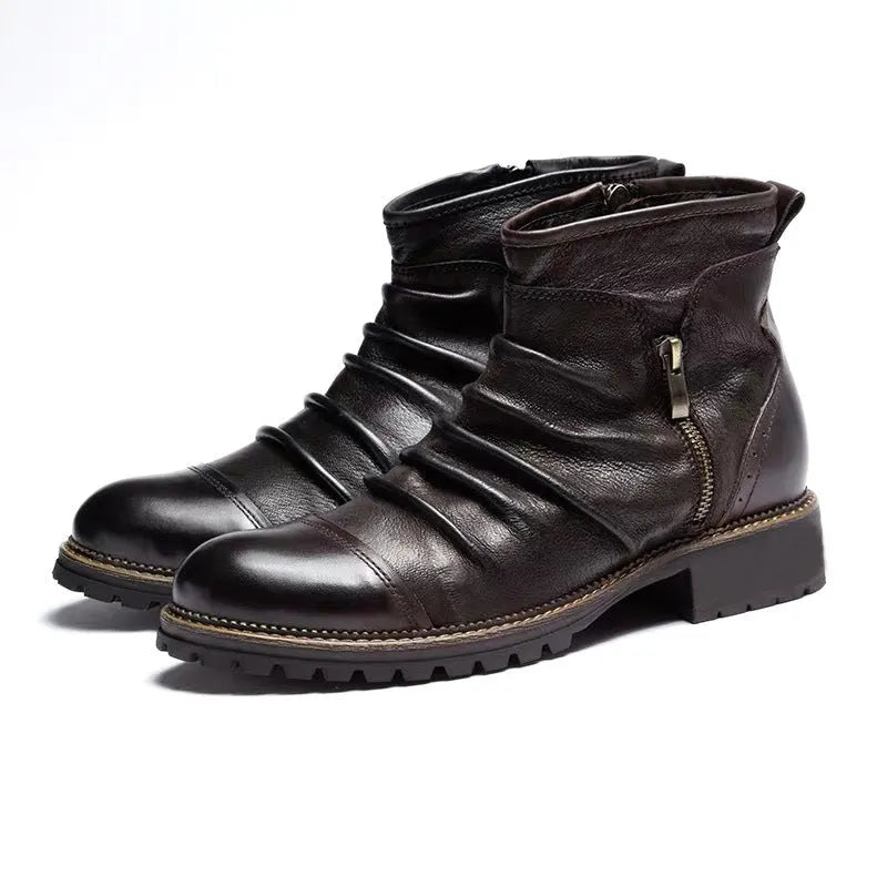 Men's black embossed PU cowboy boots with a side zipper and a mid-height horseshoe heel.