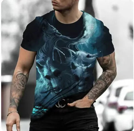 Man modelling a short-sleeved grey T-shirt with a retro-style 3D animal graphic print on the front.