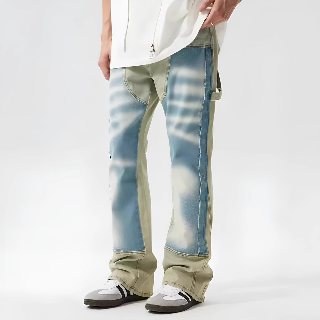 Retro dual-colour patchwork jeans with splash ink damaged design on denim trousers