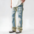 Retro dual-colour patchwork jeans with splash ink damaged design on denim trousers