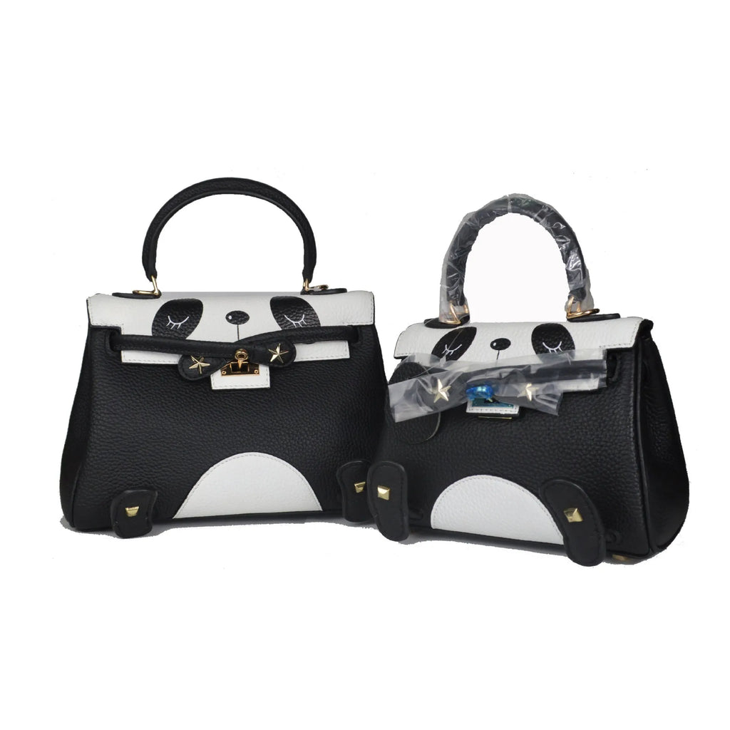 Panda print cow leather handbag in horizontal square shape showing animal pattern design