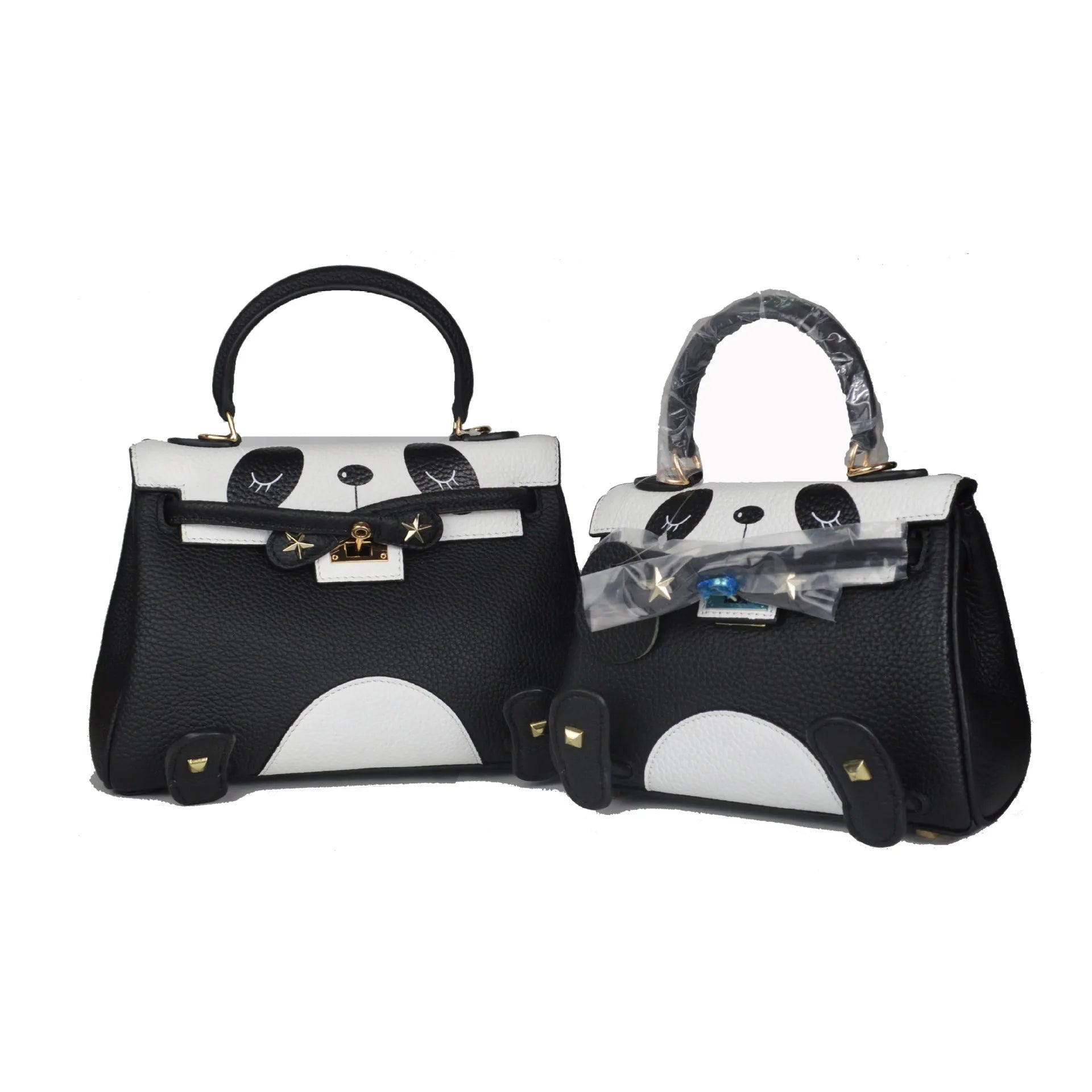 Panda print cow leather handbag in horizontal square shape showing animal pattern design