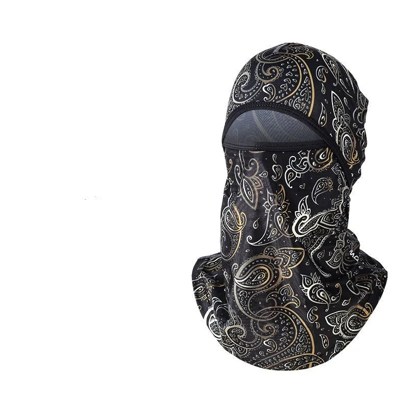 Unisex cotton motorcycle head cover in average size 55-60cm with dome cap design, shown with included gloves.