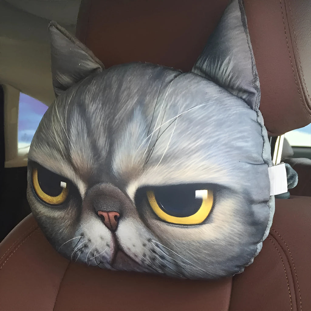 Cat lovers oblong car headrest pillow with cartoon cat print and removable cover for seat support