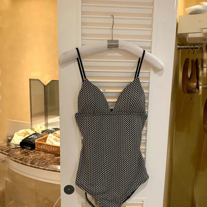 Blue or black one-piece swimsuit for belly coverage and small chest fit with thin polyester fabric