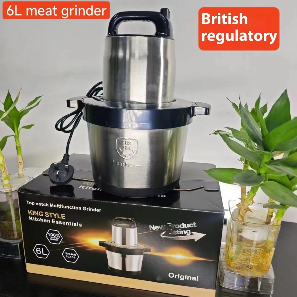 Stainless steel meat grinder food processor with 6L bowl and stainless steel body on kitchen counter