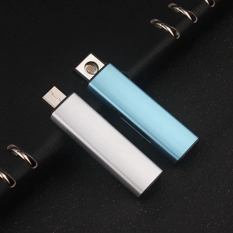 Set of 20 rechargeable metal windproof cigarette lighters in assorted colours with USB charging cable.
