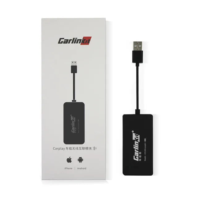 Black wireless CarPlay USB dongle for Android car stereos with Bluetooth connection