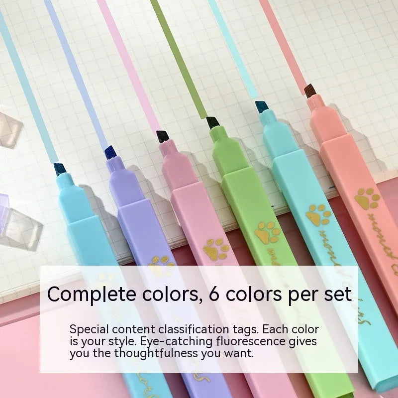 Cat's Paw brand box containing six fluorescent marker pens with oblique heads, in assorted colours.