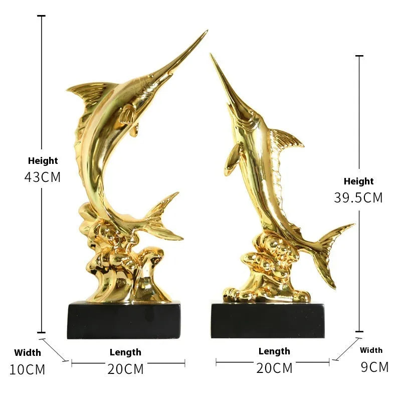 European swordfish resin and plastic decorative ornament in choice of colours on a shelf.