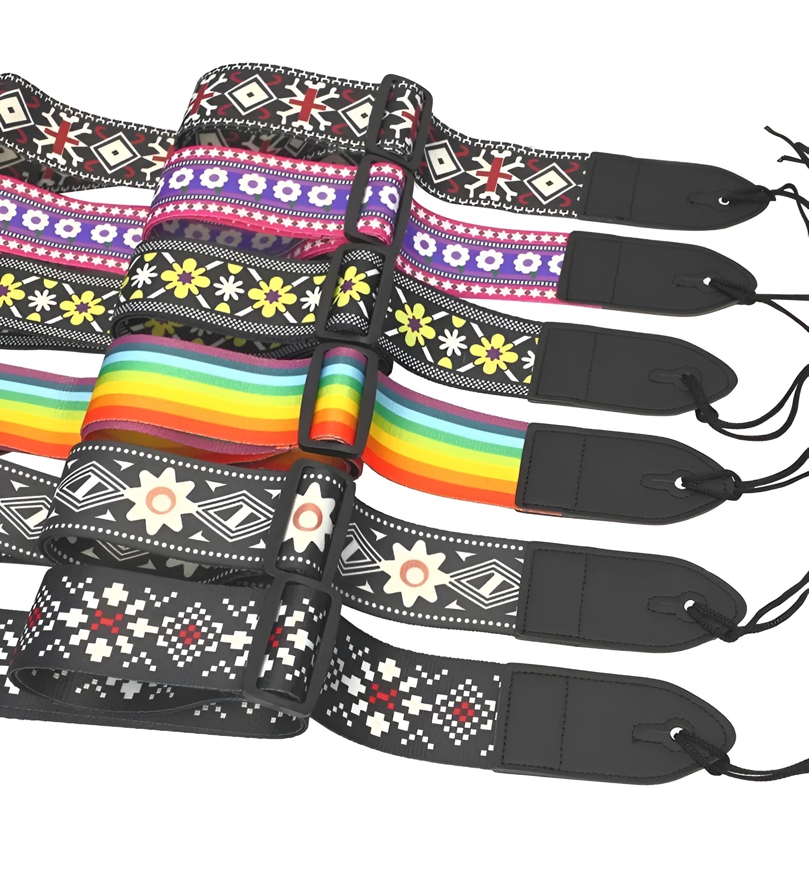 Printed cloth guitar shoulder strap showing eight design options including national flag and lightning patterns