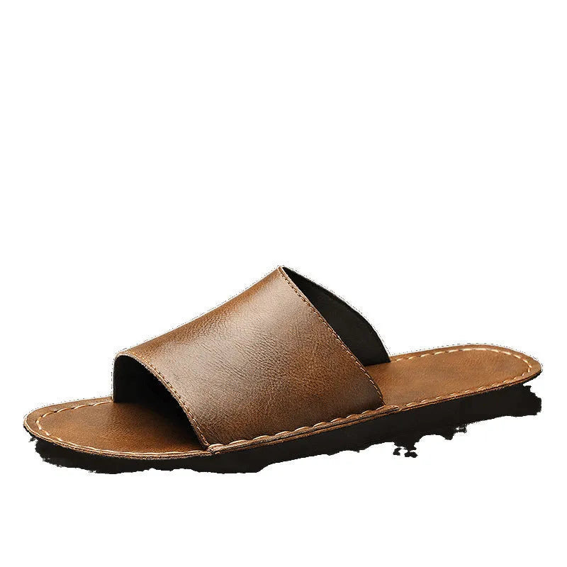 Men's brown leather outdoor sandals with rubber soles for summer casual wear