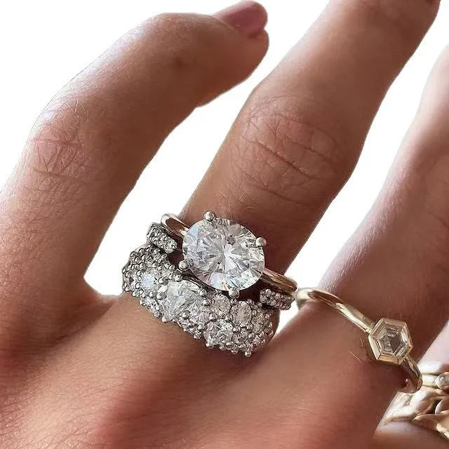 Women's three-piece oval mosaic zircon ring set in white electroplated alloy, sizes 6-10