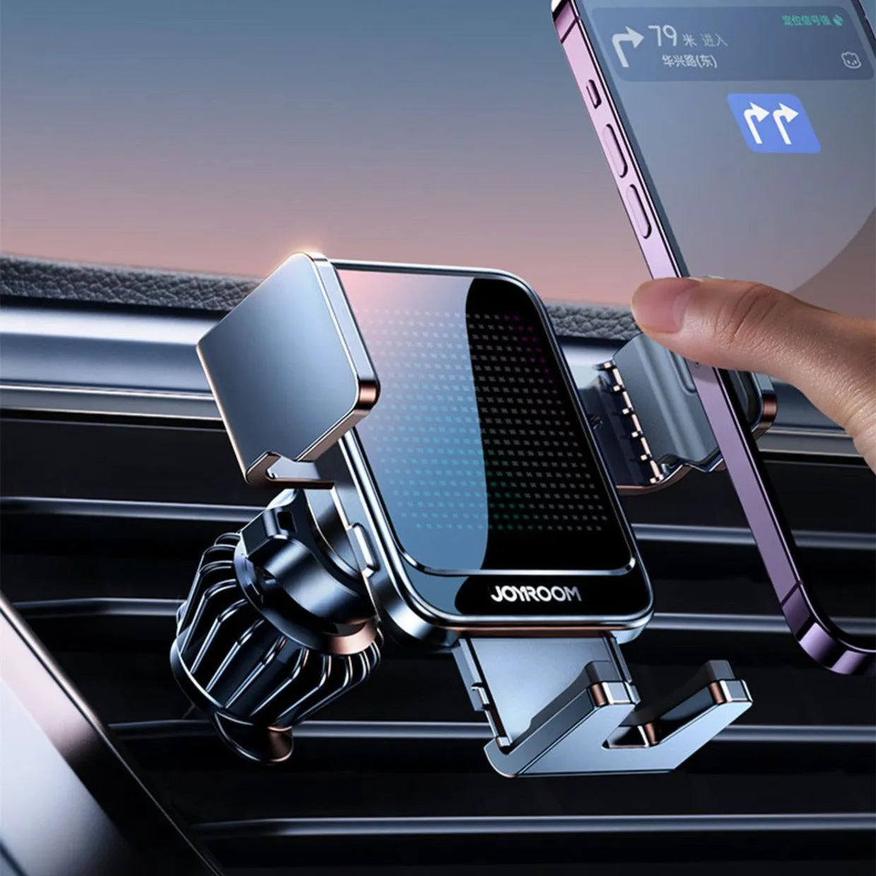 Black car wireless charging phone holder mounted on air vent with automatic opening mechanism