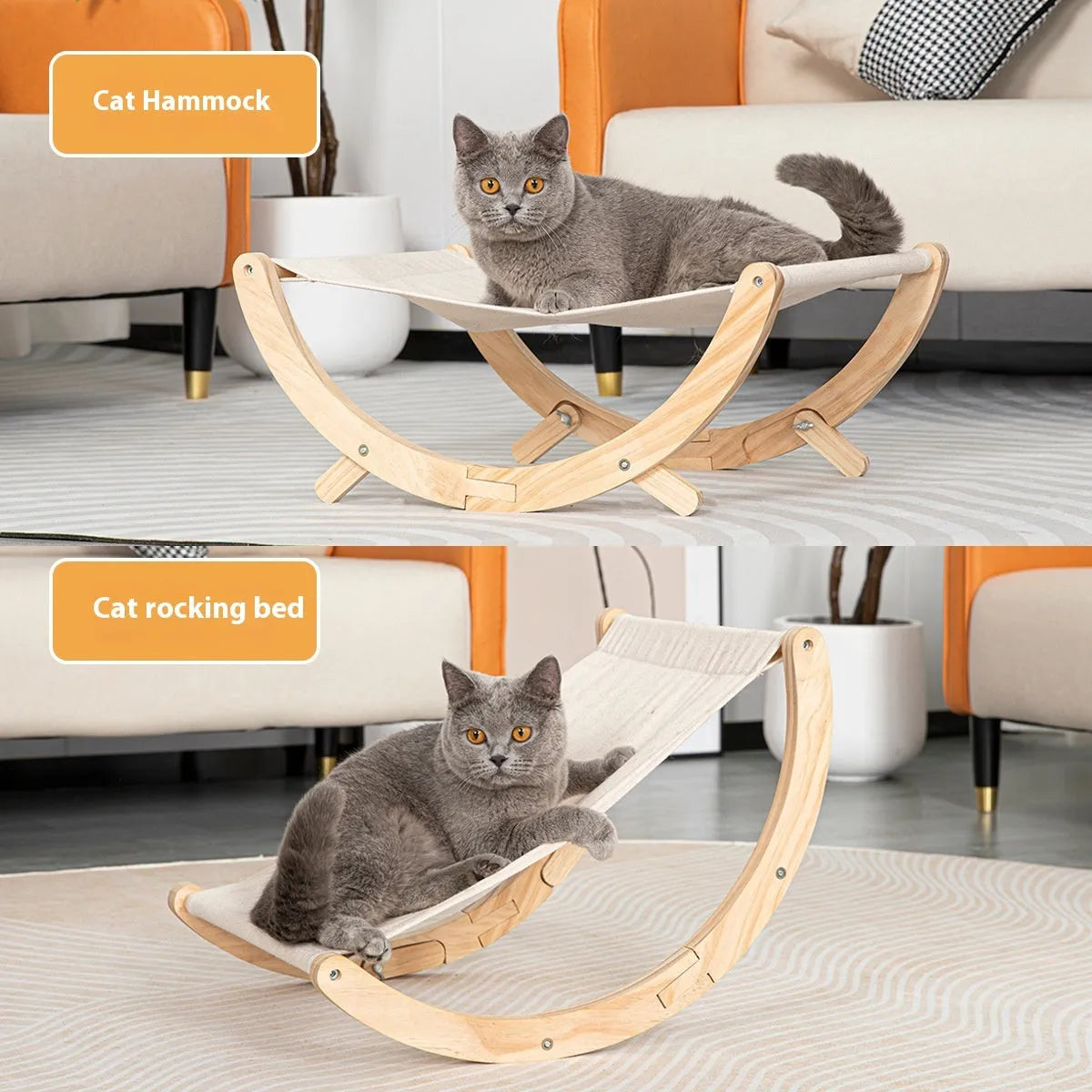 Solid wood foldable cat hammock bed with canvas plush sleeping surface measuring 55cm