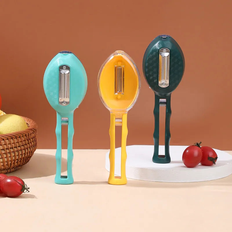 Yellow peeling knife with protective plastic storage lid for fruits and vegetables