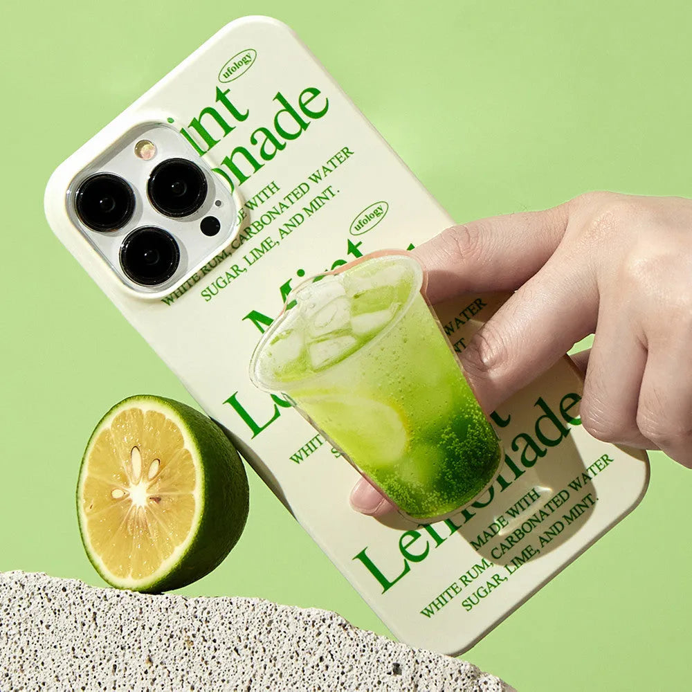 Yellow lemon pattern on a flexible TPU phone case for iPhone, shown with and without a built-in folding bracket stand.