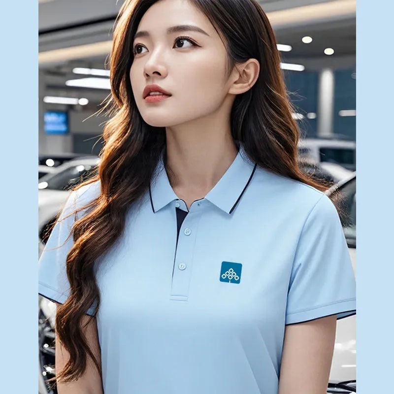 Men's light blue asymmetric overalls polo shirt made from ice silk fabric for summer workwear.