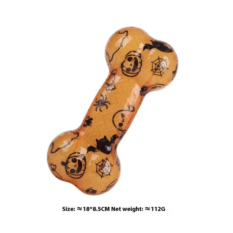 Printed bone-shaped TPR dog chew toy with squeaker in seasonal colour options