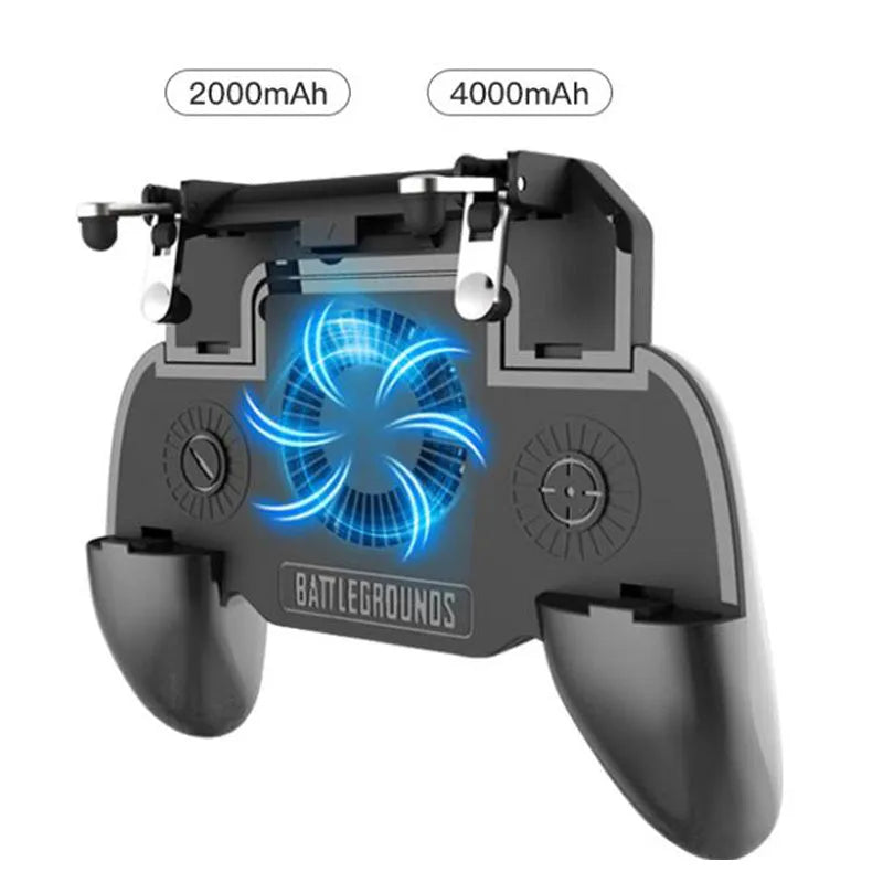 A black mobile game controller with USB connector for smartphones, showing physical buttons and triggers.