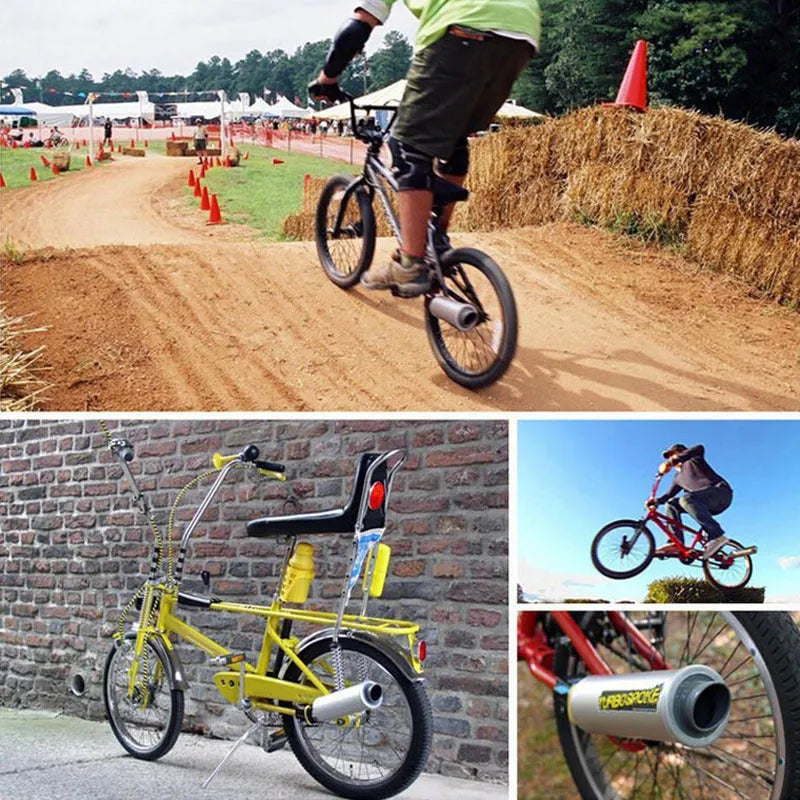 Plastic bicycle turbo sound exhaust with six voice cards, mounted on bike spoke, measuring approx 35 by 7.5 cm