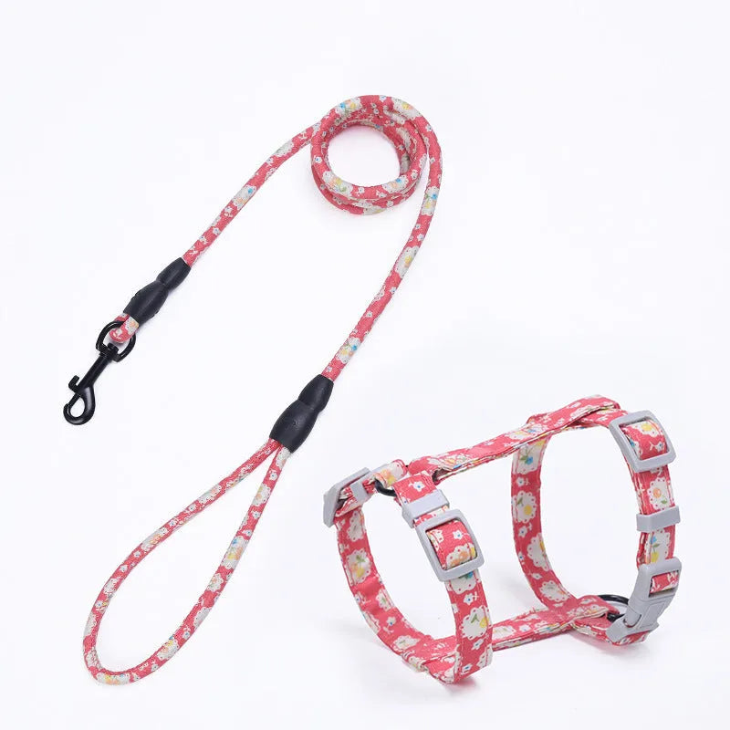 Cat I-shaped chest harness in Black with cotton rope and metal clip on white background