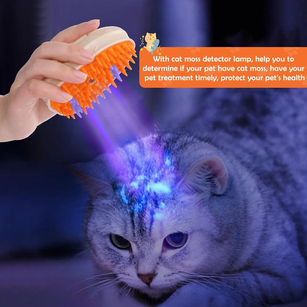 Yellow 4-in-1 cat steam brush with silicone bristles, water tank, and ringworm detector lamp.