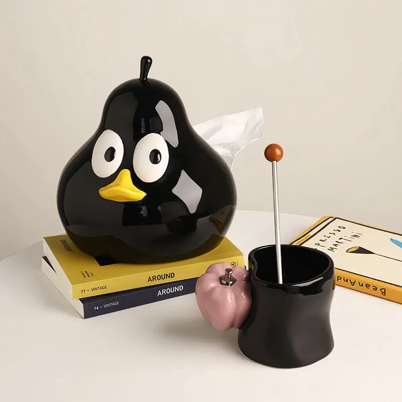 White porcelain ceramic tissue box with pear shape and animal-themed decorative design