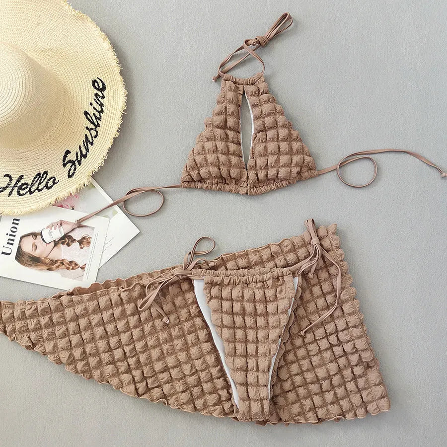 Brown seersucker women's three-piece swimsuit with lace-up bikini top and skirt bottom