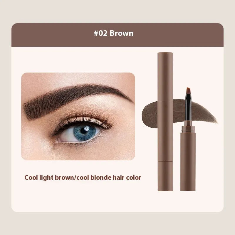 Double-headed eyebrow cream tube with dual applicator shown in five colour shades.