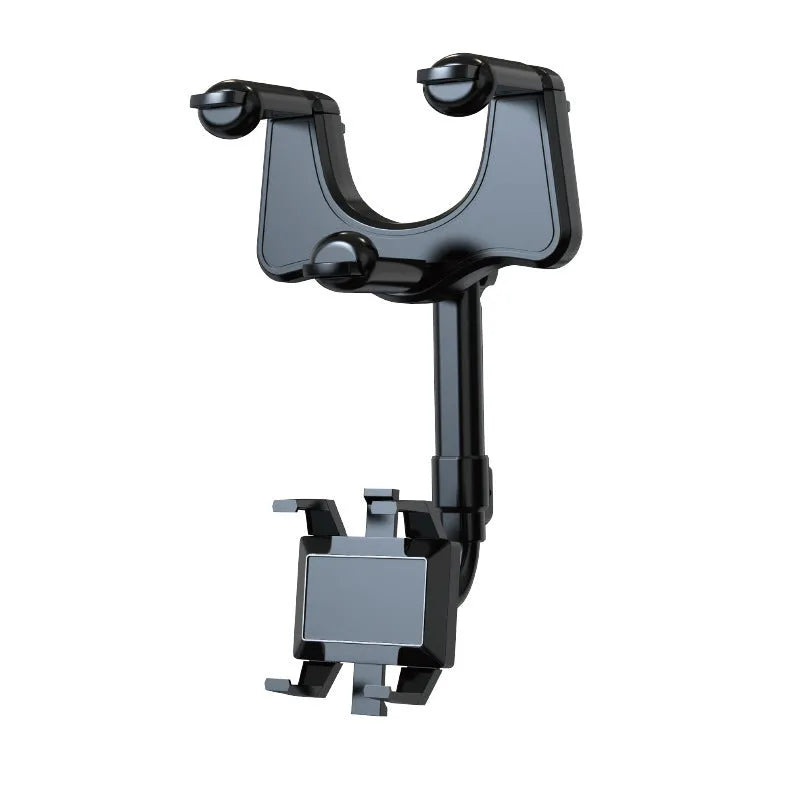 Black rearview mirror car phone holder with rotating head and four gripping claws extended.