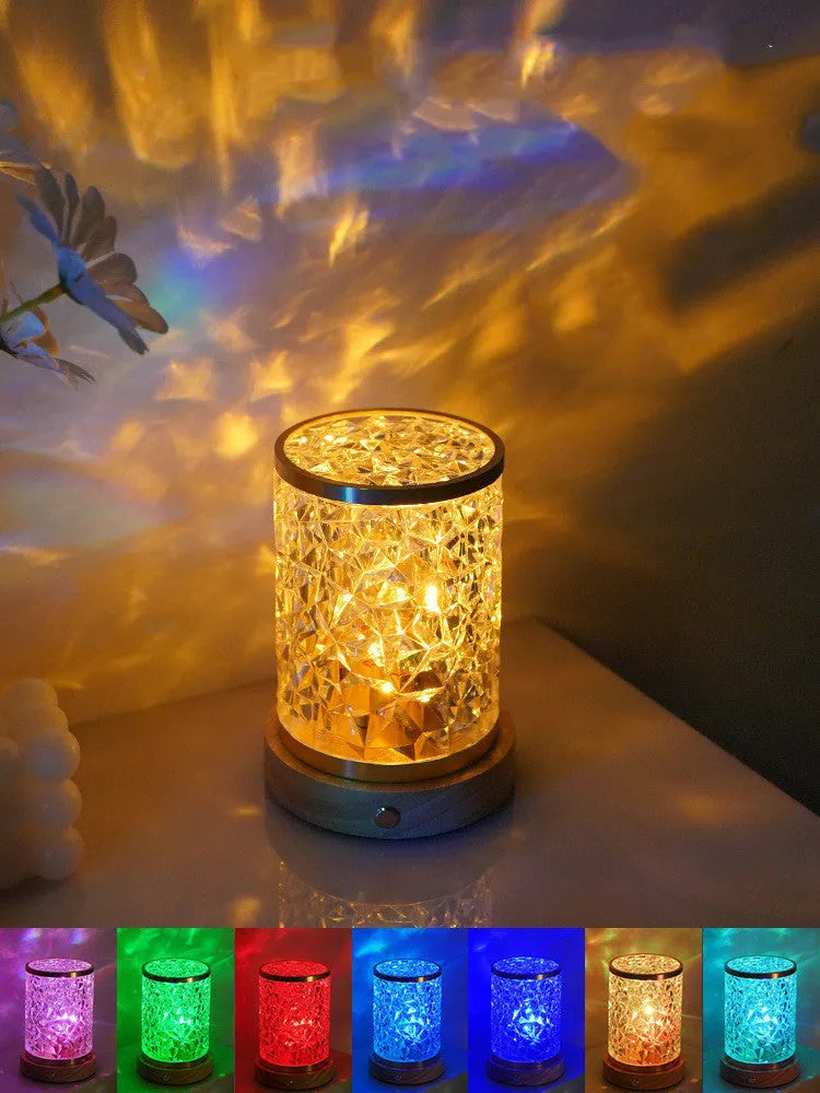 Rotating water ripple small night light with acrylic dome on solid wood base for bedroom use