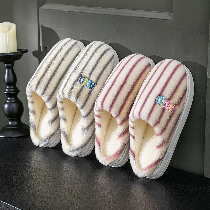 Cotton cloth vertical plush slippers in pink, green, purple, gray, coffee for men and women