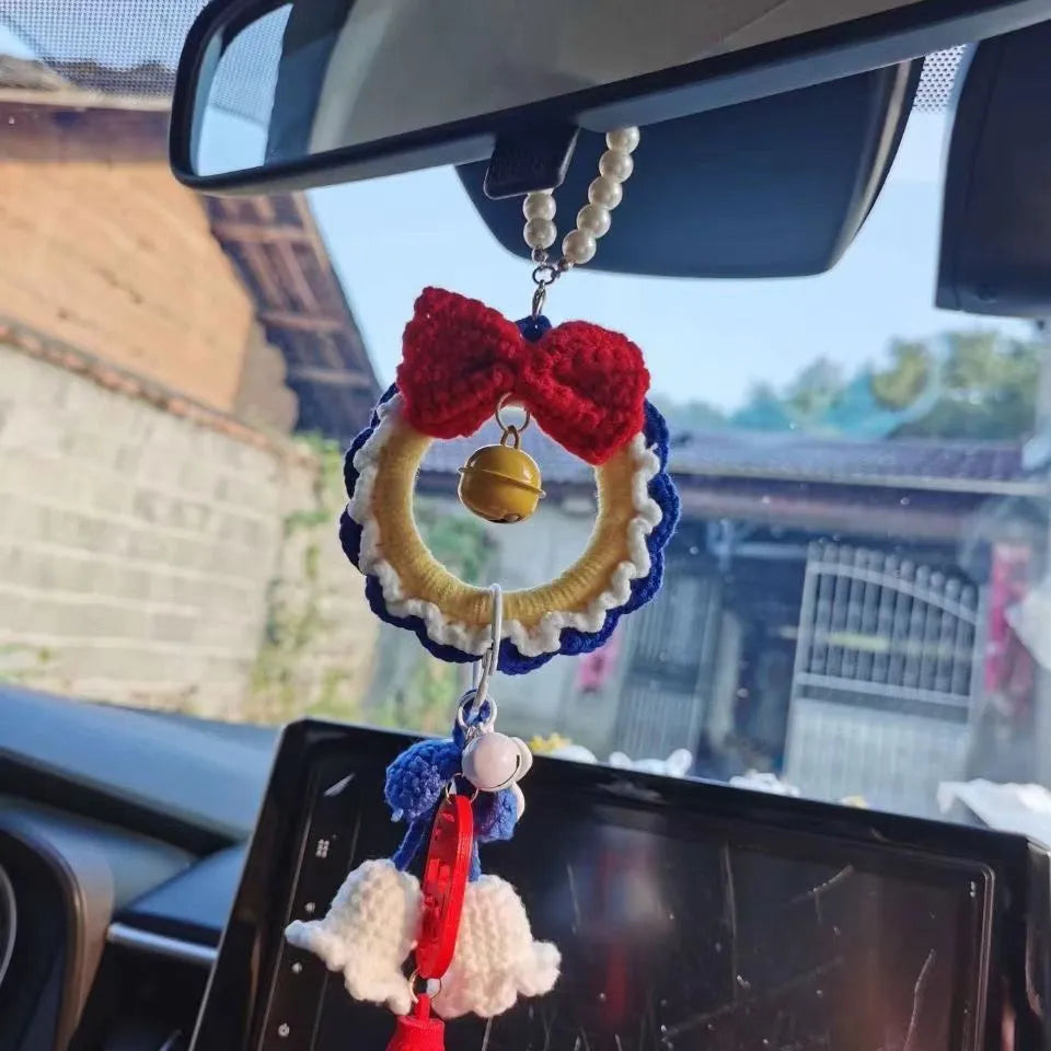 Snow White plush handmade yarn weaving car hanging pendant on a red wind chime.
