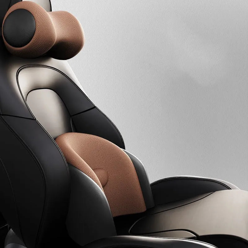 Car massage cushion with memory cotton in classic black colour showing headrest and lumbar support components