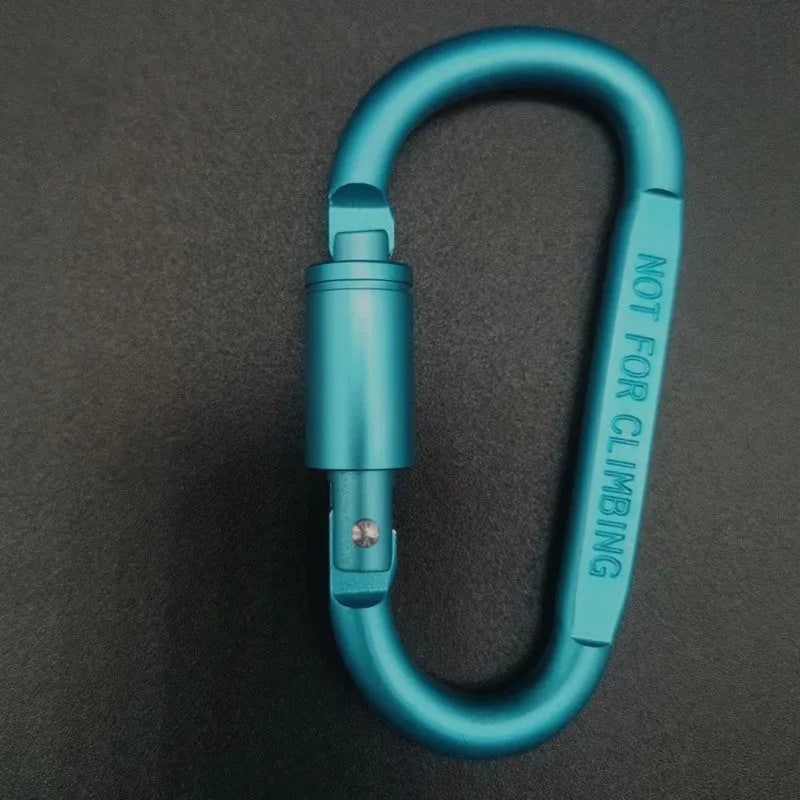 Silver D-shaped aluminium locking carabiner with an 8cm profile on a grey background.