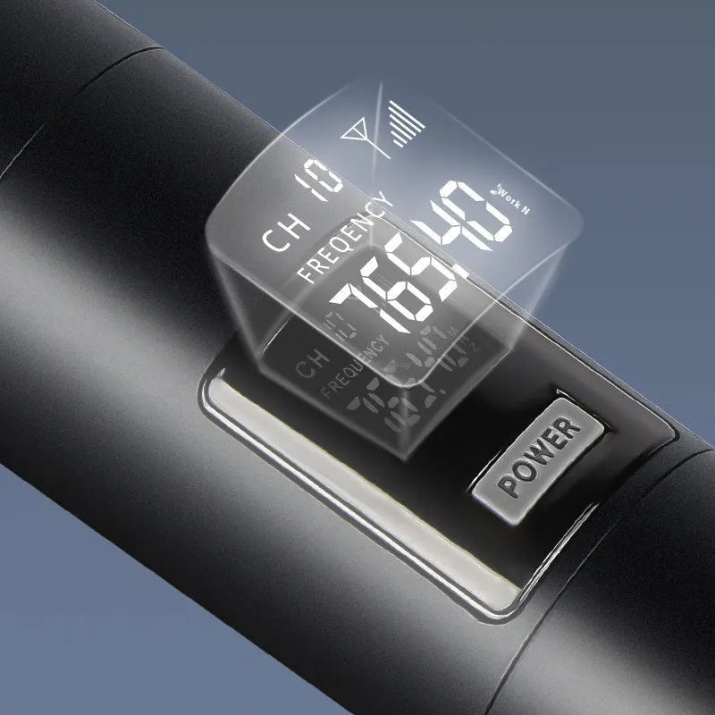 2.4G wireless handheld microphone set with two microphones and one receiver, noise reduction, rechargeable battery, silver network.