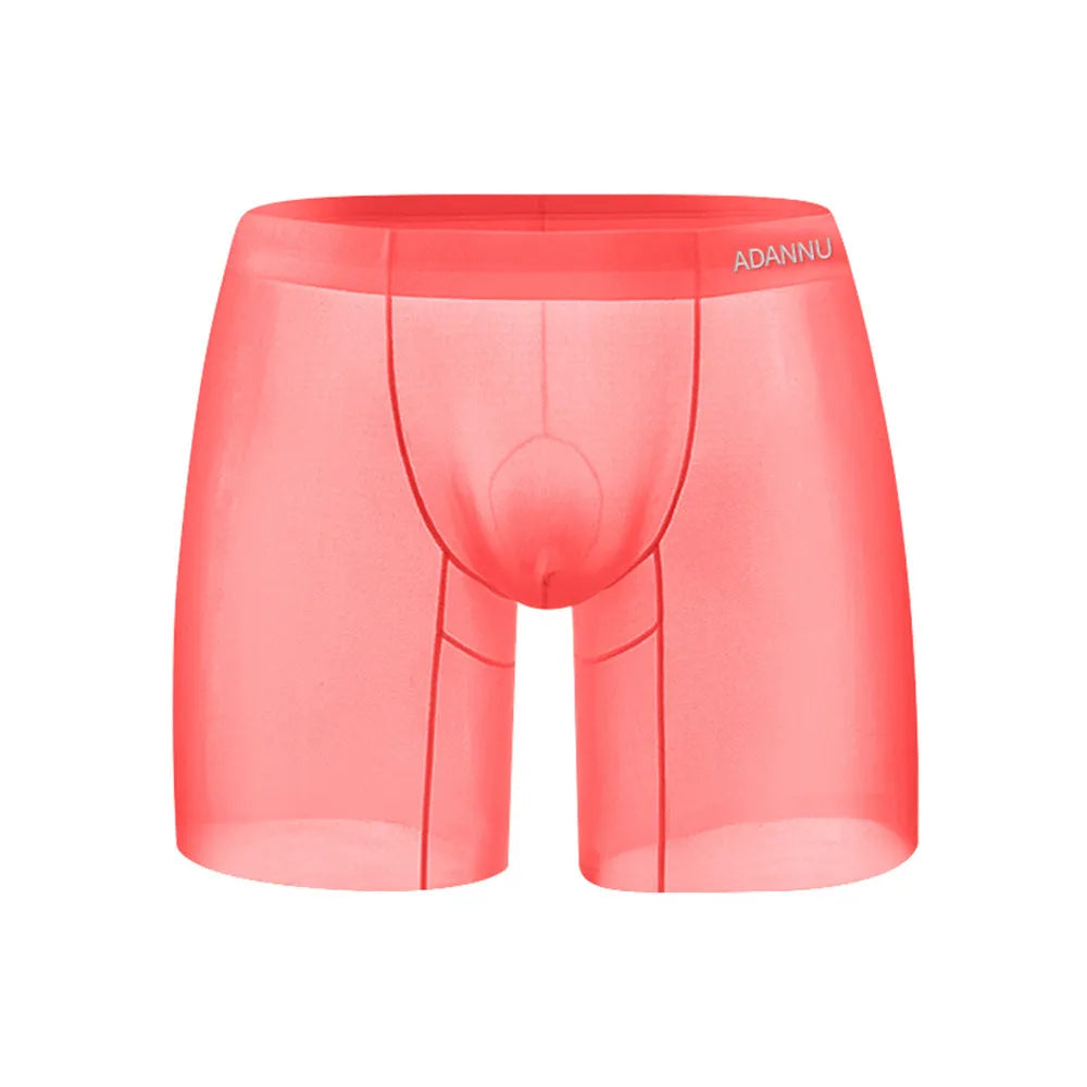 Seamless men's low-waist sports boxer shorts in orange nylon fabric, showing hip-lift design.