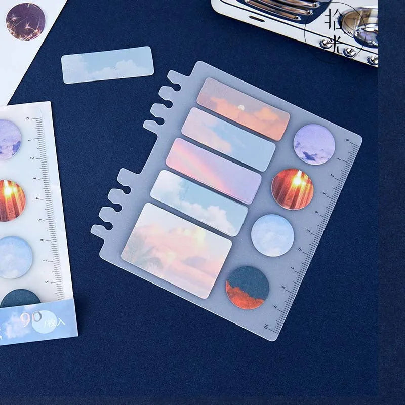 PP index sticker set with ruler plate and 90 sticky notes in four sizes and colour styles