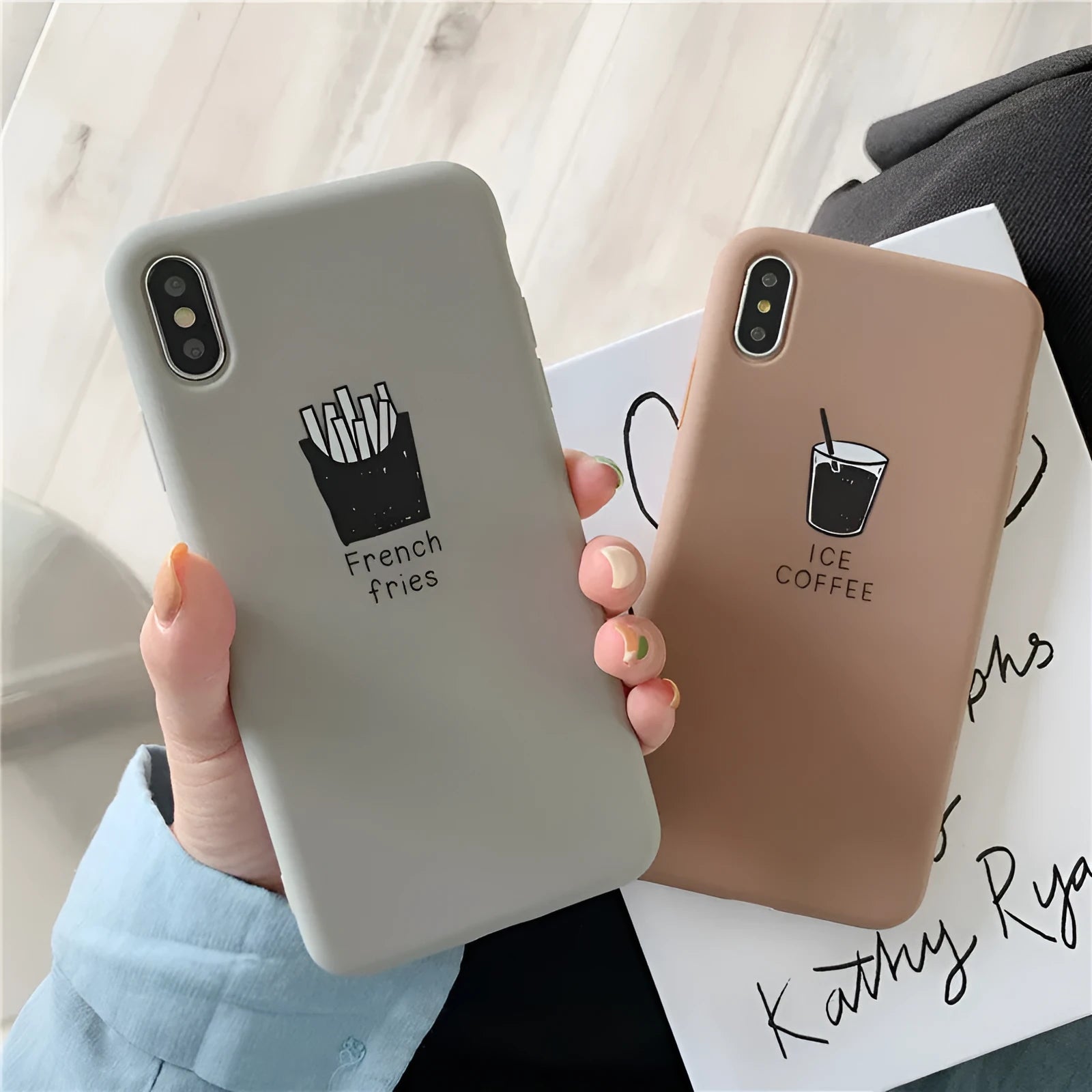 Soft matte silicone iPhone case with ice coffee or french fries couple design