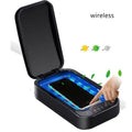 Blue and white ultraviolet disinfection box for sanitising mobile phones and small personal items.