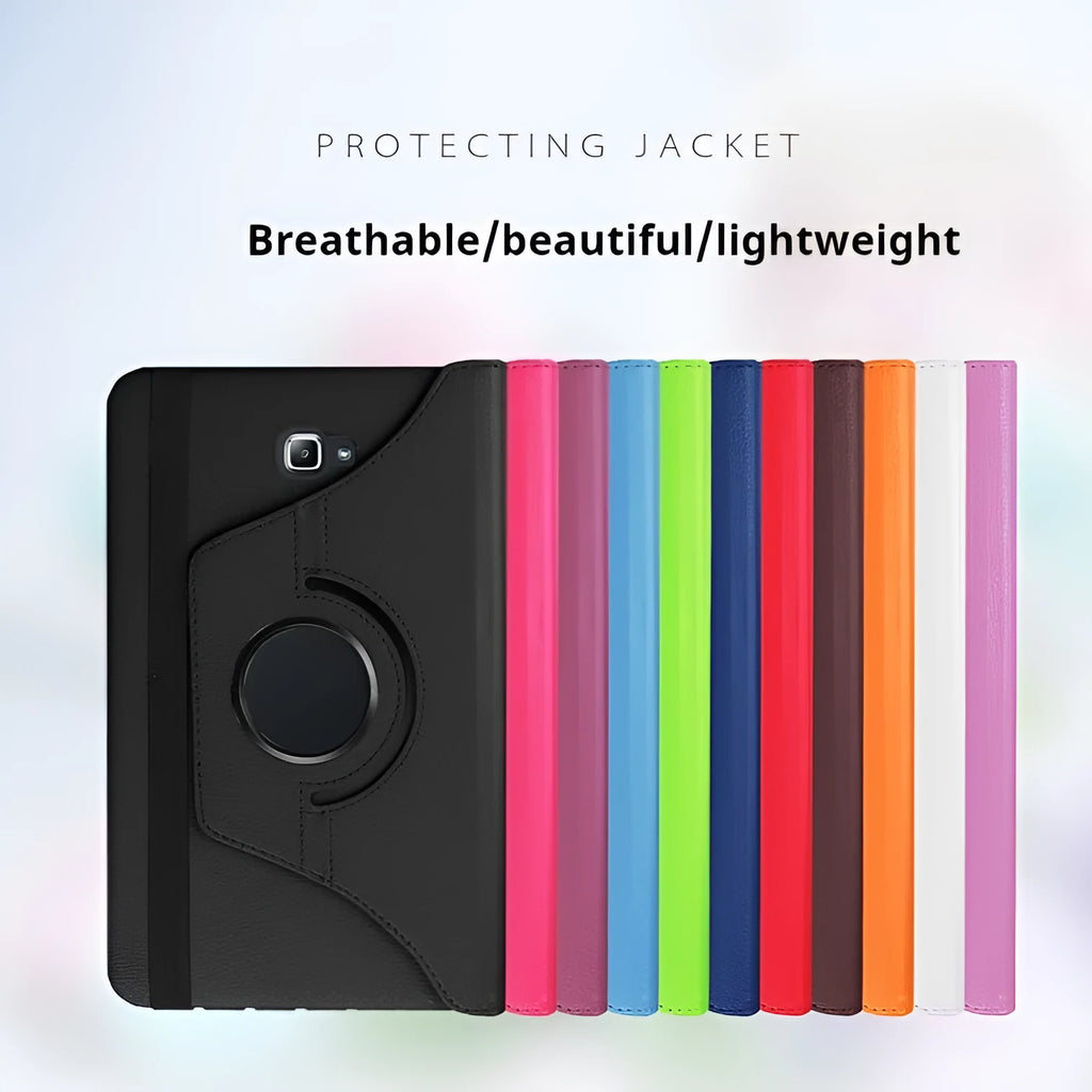 Rotating leather tablet case in clamshell design showing T-series compatibility and multiple colour options